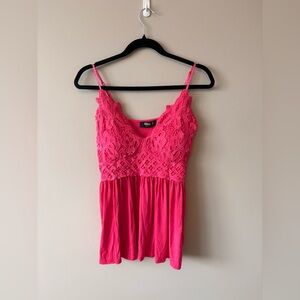 Blue B Women's Hot Pink Lace Trim Babydoll Tank Top